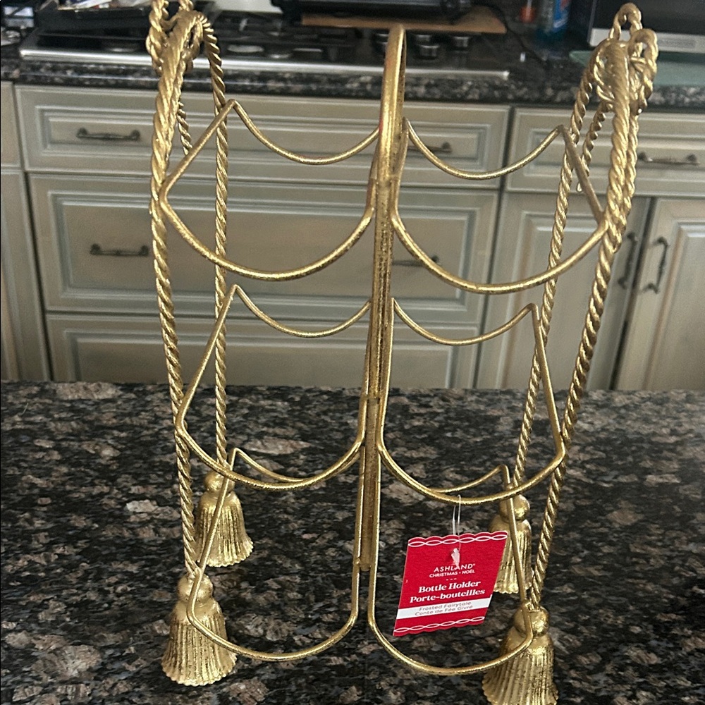 ASHLAND  13" GOLD BOW AND TASSEL TABLE TOP METAL BOTTLE HOLDER NWT